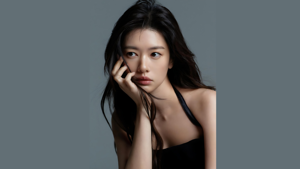 Jung So-min ( 정소민 ) with long dark hair, resting her chin on her hand in a black halter top against a backdrop.