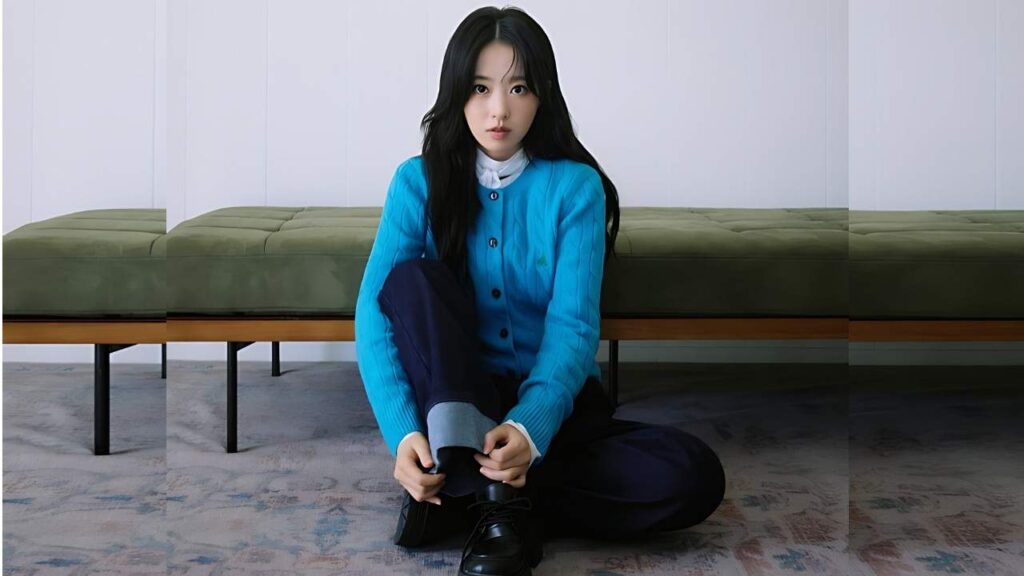Park Bo-young with long dark hair sits cross-legged, tying black shoes in a bright blue cardigan, with a green bench behind.