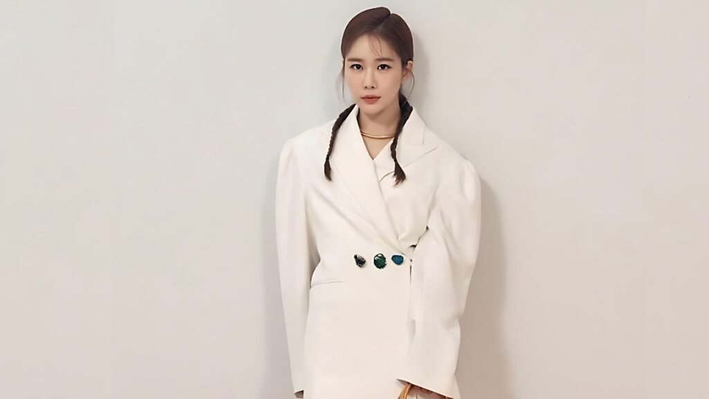 Yoo In-na ( 유인나 ) with two braids wears a white blazer with oversized shoulders and a gem-studded belt, posed against a wall.
