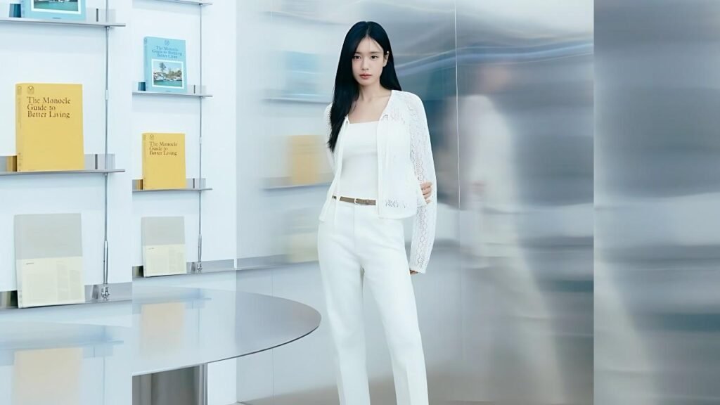 Ahn Eun-jin in white with a lace cardigan stands in a bright minimalist room beside a round glass table, shelves with yellow books.