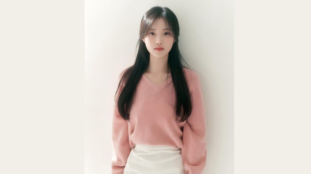 Han So-eun (한소은) with long black hair in a pink V-neck sweater and cream skirt stands against a pale wall, calm expression.