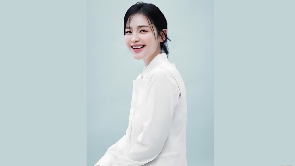 Jeon Mi-do (전미도) with dark hair tied back, wearing a white blouse, seated against a pale blue backdrop, facing slightly left.