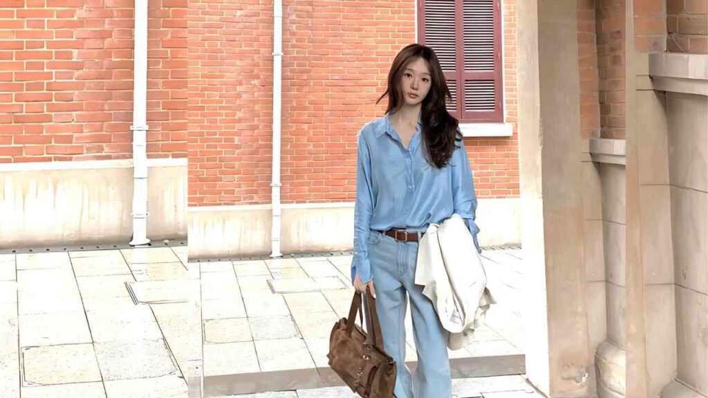 Kang Min-kyung (강민경) in a pale blue shirt and matching wide-leg pants stands in a sunlit brick courtyard, carrying a brown bag.