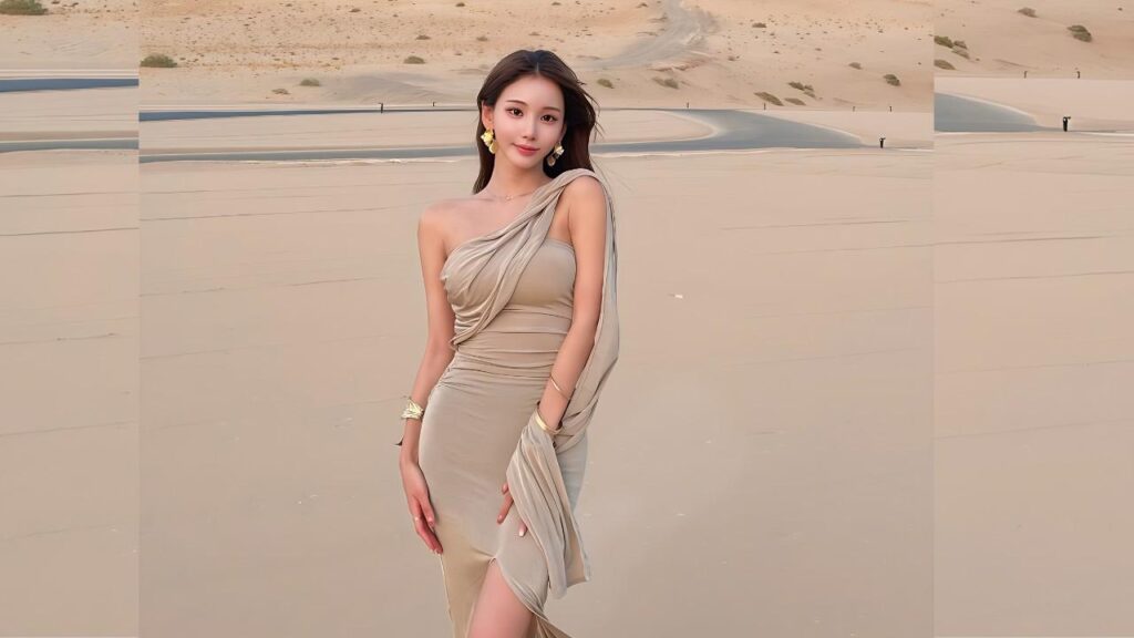 Kim Gyoo-ri (김규리) in a beige, one-shoulder draped gown poses on a sandy beach, with a wrap over her shoulder and gold earrings gleaming.