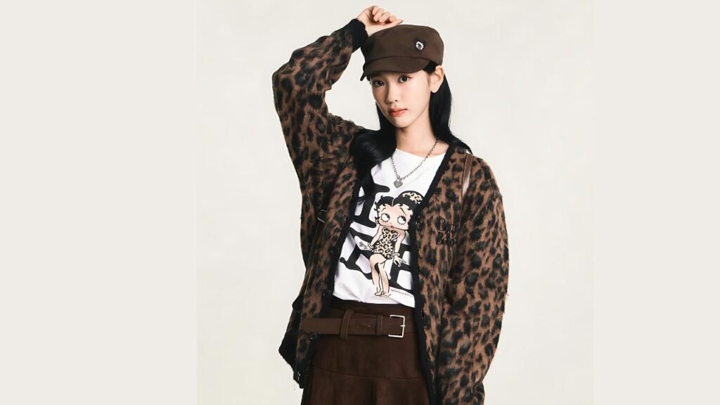 Kim Ji-young (김지영) leopard-print cardigan, brown cap, white Betty Boop tee, brown belt and skirt, posing with hand on cap.
