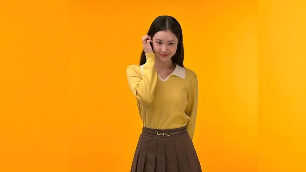 Kim Ye-won (김예원) with long dark hair against a vivid orange backdrop, wearing a yellow sweater and brown pleated skirt, smiling.