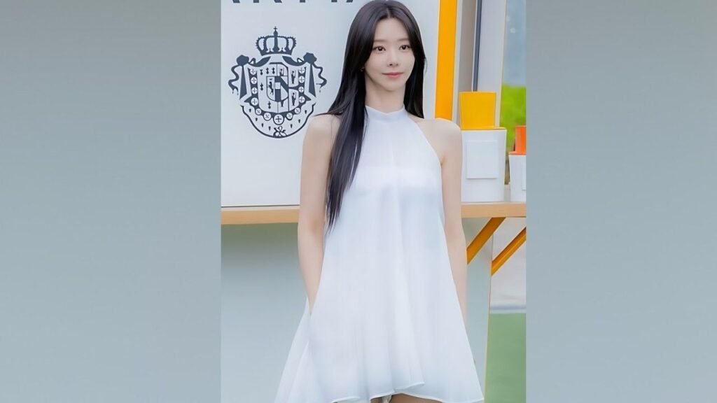 Lee Joo-bin with long black hair in a white halter dress stands indoors beside a crest emblem on a wall