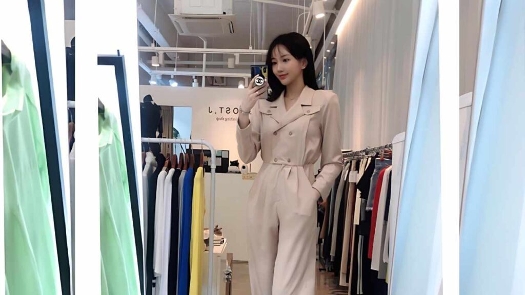 Seo Yoon-ah (서윤아) in a beige belted double-breasted jumpsuit takes a mirror selfie in a clothing boutique, with racks of garments.