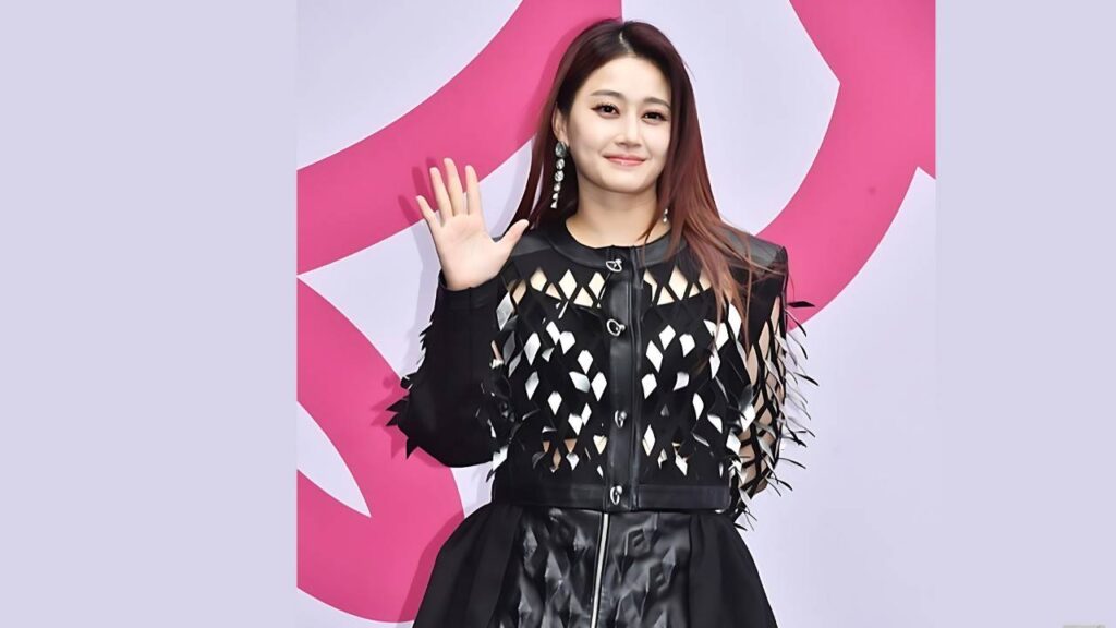 Taemi (태미) in a black lattice-cutout jacket with fringe sleeves and a black skirt; brown hair, pink backdrop.